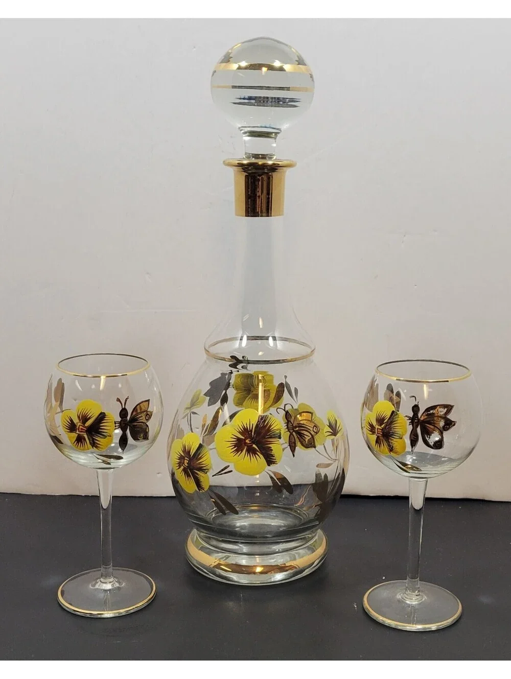 Vintage Romanian Hand Painted Crystal Golden Butterfly Decanter & 2 Stem Glasses